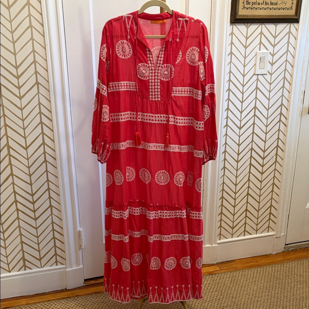Oliphant Red Printed Tiered Maxi Dress with Tassel Tie